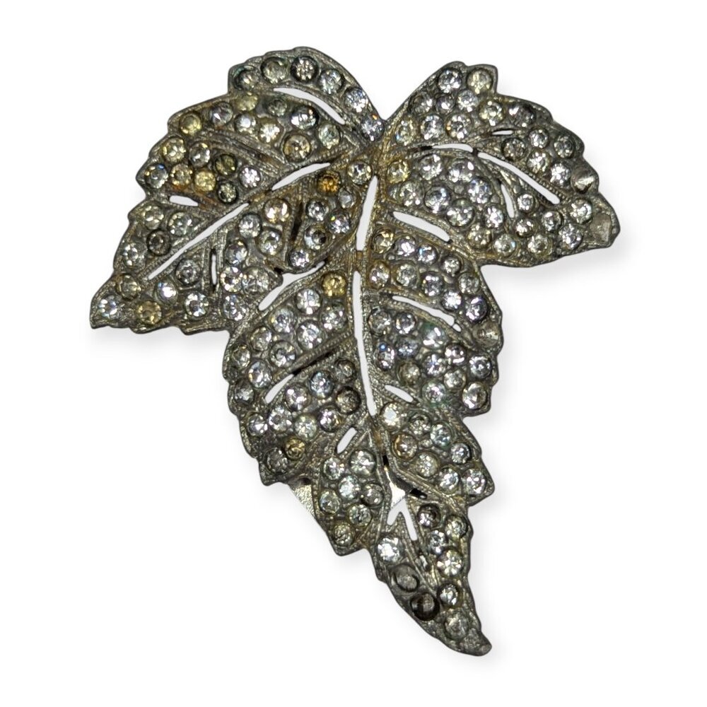 Vintage Silver Tone Clear Crystal Leaf Dress Clip